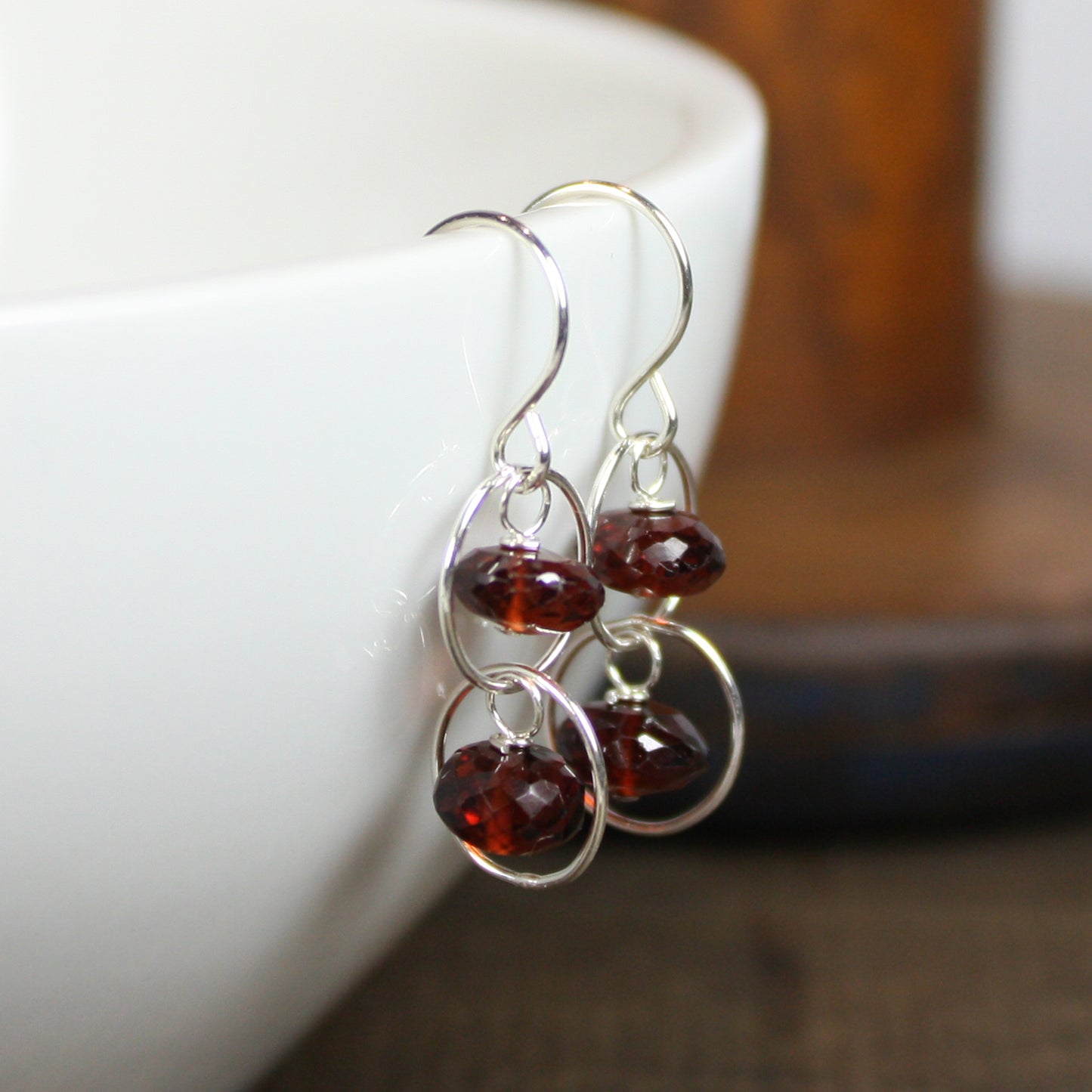 Handmade Garnet and Sterling Silver Circle Earrings