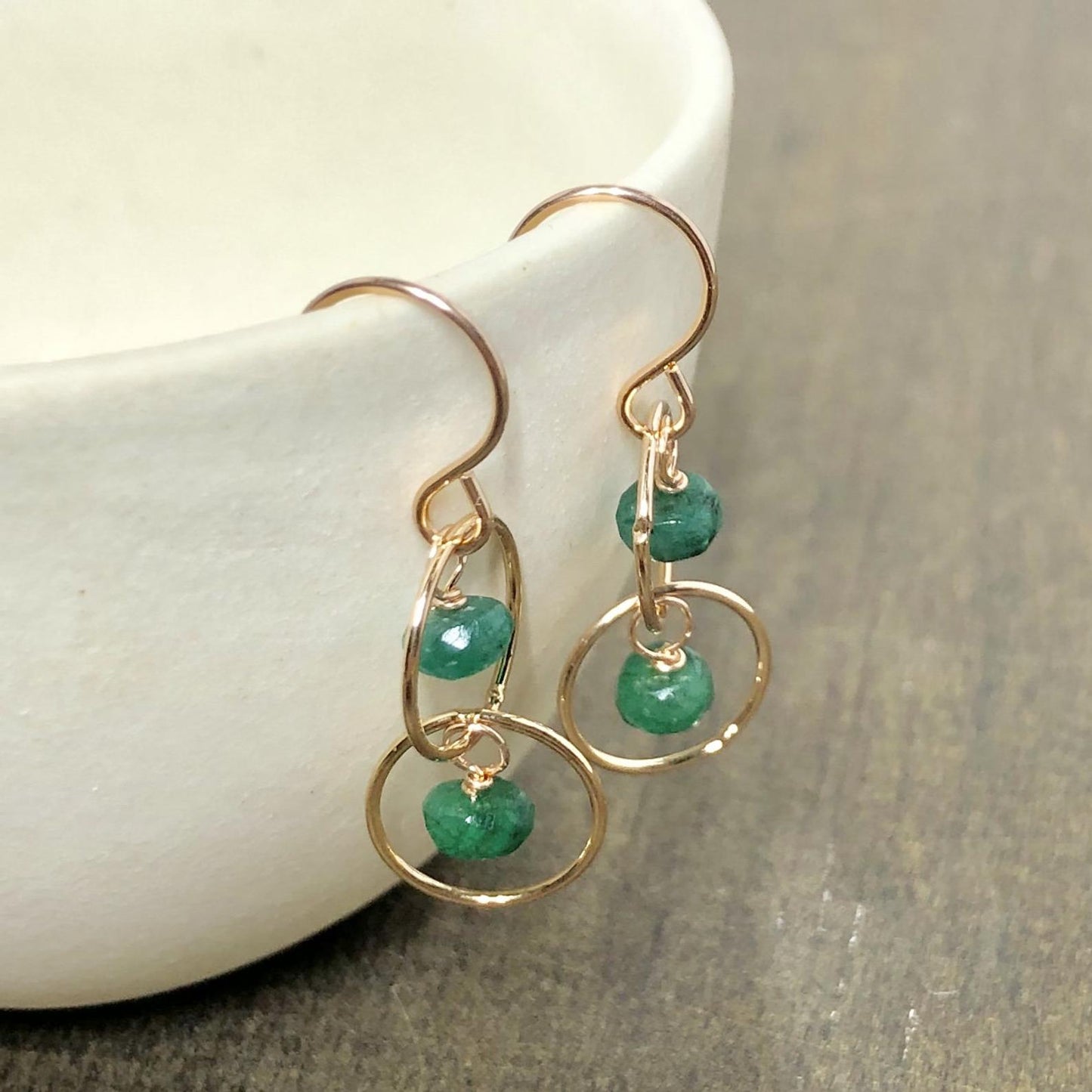 Handmade Emerald and Rose Gold Circle Earrings